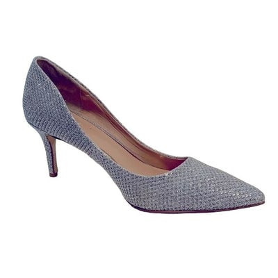 Badgley Mischka Silver Glitter Studded Party Pumps: For sale is a pair of Badgley Mischka Silver Glitter Studded Party Pumps. Size 8-1/2. All measurements are approximate. Pointed toe. 3 inch covered heels. Condition Notes: Soil to small area of rhines