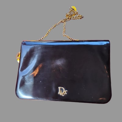 Dior shiny black leather two way envelope purse with a gold chain strap (1 of 4)