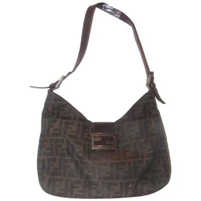 Fendi Hobo Style Tobacco Zucco Print Canvas And Leather Shoulder Bag: For sale is a Fendi, tobacco Zucco print or large F logo print canvas and brown leather, hobo style shoulder bag with multiple compartments, a 'V' shaped center, and chrome hardware! This unique take 