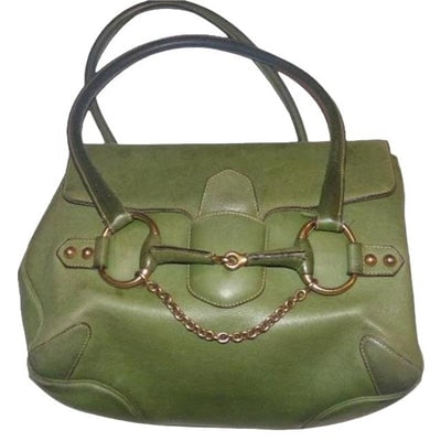 Gucci Ivy Green Leather Horse-bit Chain Top Handle Bag: RECENTLY RE-RELEASED by GUCCI! For sale is a Gucci, ivy leather, satchel/bucket shoulder bag with two straps, and bold gold, equestrian accents at center! It is a rare style and color that would be gr