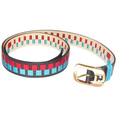 Fendi Blackredaqua Bluegold Leather And Buckles Belt: For sale is a one of a kind, Fendi, black leather belt from the Chameleon line with red and aqua blue stripes woven into the leather, a gold buckle with the FF logo on one side in a rectangular shape,