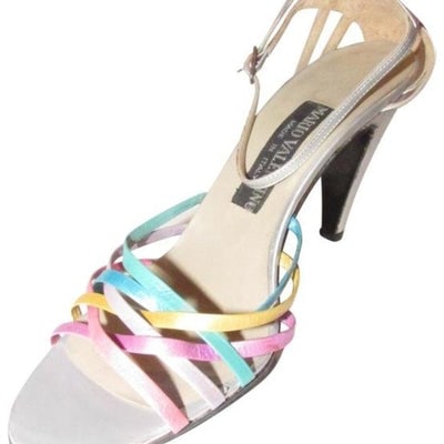 Mario Valentino Vintage Strappy Pink Teal Purple Pumps: STRAIGHT FROM SICILY!!!For sale is a pair of vintage, Mario Valentino, new old stock, size 5.5B, dressier, strappy sandals or heels made of silver leather with a strappy open toe comprised of turquois