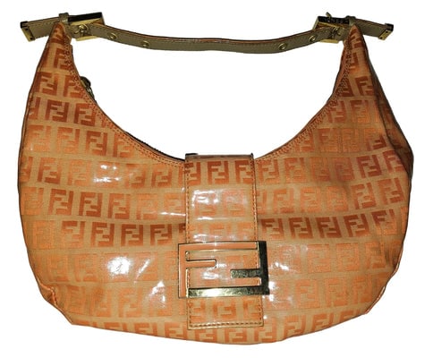 Fendi orange Zucchino print patent leather hobo shoulder style croissant baguette bag: For sale is an amazing, Fendi, orange Zucchino print on a pale pinkish/creamsicle color patent leather and taupe leather, zip top, hobo shoulder style, croissant baguette bag with gold&nbs