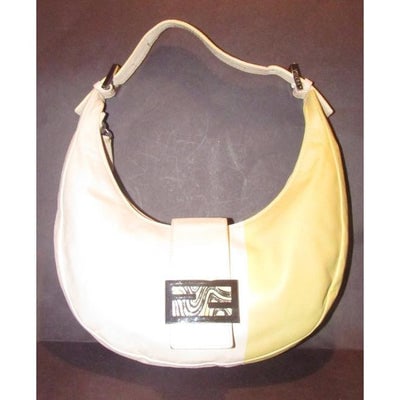 Fendi Pink & Yellow Leather Ltd Ed Color Block Baguette Hobo Bag w Enamel & Chrome Accents: For sale is an amazing, Fendi, limited edition, mod look, pink and yellow color block leather, hobo style shoulder purse with a zip closure top, a pink and yellow swirled enamel and chrome FF accent a