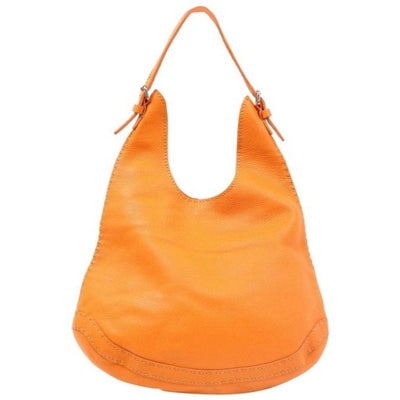 Fendi Style Shoulder Purse Orange Selleria Leather And Taupe Contrast Stitching Hobo Bag: For sale is an amazing, Fendi, orange 'selleria' leather, XL hobo style, shoulder purse with sterling silver and chrome hardware, taupe contrast stitching, a tan suede lining, and a snap closure! This