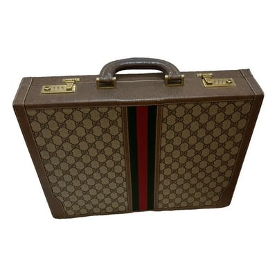 RARE Gucci brown Guccissima print Ophidia laptop bag/briefcase: For sale is a RARE, vintage, Gucci, brown Guccissima print & brown leather, Gucci Accessory Collection or original Ophidia, XL laptop/messenger/briefcase with a leather handle, red and green
