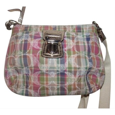 Coach Vintage Pastel Colored Metallic Leather And Canvas Cross Body Bag: For sale is a Limited Edition, Coach, Poppy Madras Swingpack in a multi-color pastel logo print canvas top zip hobo style cross body or shoulder purse with metallic silver leather accents, exterior po