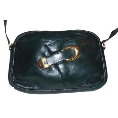 Bally Vintage Pursesdesigner Purses Forest Green Leather Cross Body Bag: For sale is an authentic, mod style, Bally, unusual, top zip, forest green, buttery soft leather, rectangular, cross body/shoulder purse with an amazing, bold gold, abstract accent with 'BALLY'engrave