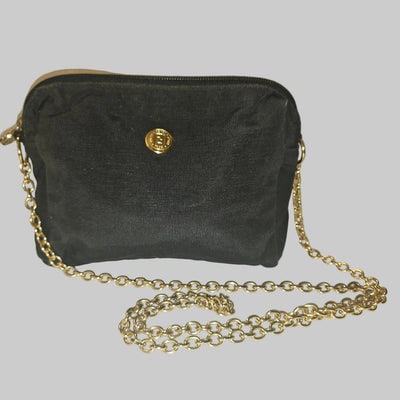 Fendi black grosgrain fabric & gold chain strap mini crossbody/ shoulder bag: For sale is an authentic 1970's - 1980's Fendi mini crossbody bag, a timeless piece that combines luxury with everyday practicality.This compact shoulder bag features a sleek black grosgrain fabric bo