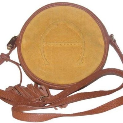 Etienne Aigner, 1970's- 1980's, yellow canvas and brown leather round canteen style cross body or: Amazing! Etienne Aigner, 1970's- 1980's, yellow canvas and brown leather round canteen style cross body or shoulder bag with gold tone accents, a quilted large 'A' logo accent on one side, a large dou