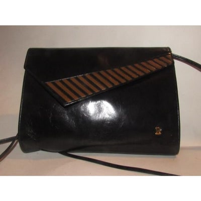 Bally Vintage Pursesdesigner Purses Black Glossy Leather With Asymmetrical Brown And Black Striped E: * For sale is a vintage, Bally, black glossy leather, two-way- clutch, cross body, or shoulder bag with an asymmetrical brown and black striped, envelope flap, snap closure top! This is a gorgeous, vi