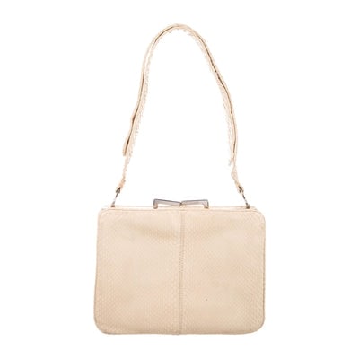 Creme snakeskin Fendi mini shoulder bag with chrome hardware: For sale is a vintage, creme colored snakeskin leather, Fendi, mini shoulder bag with silver-tone hardware, adjustable flat shoulder strap, champagne satin lining, single zip pocket at interior and ki