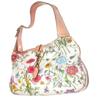 RARE, Gucci, unique, flora design fabric and nude leather, 1961 Jackie hobo style purse with vibrant: This style purse has been re-released be Gucci for $$$$$For sale is a RARE, Gucci, unique, flora design fabric and nude leather, 1961 Jackie hobo style purse with vibrant colors, a gold piston closure