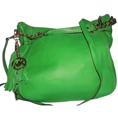 Michael Kors 'Megan Chain' vibrant green apple/darker lime leather two-way, convertible satchel with: For sale is a lovely MICHAEL Michael Kors 'Megan Chain' leather hobo style top zip, two-way, convertible satchel! It is made with thick supple pebbled leather in a vibrant green apple/darker lime colo