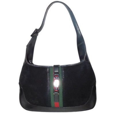 Gucci Shoulder Jackie W Suede Leather Sherry Black With Red Green Stripe Hobo Bag: For sale is a Gucci, black suede and leather, unique, traditional, Jackie- O style, hobo style shoulder bag with a chrome push button closure over a red and green center stripe! The purse is a unique 