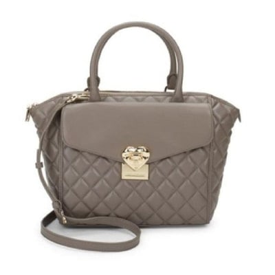 Moschino Grey Quilted Faux Leather 2-way Satchel: For sale is a NWT, AMAZING, Moschino, grey quilted faux leather, retro, two way style- top handle satchel or tote or cross body or shoulder bag with an exterior pocket, heart accents, and chrome hardw