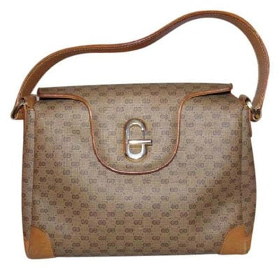Gucci Brown Micro Guccissima Print Jackie satchel w a 'G' Twist Clasp: For sale is a Gucci, RARE, mod, brown micro Guccissima print coated canvas and camel leather Jackie top handle satchel style purse with gold hardware, lots of compartments, and a large gold 'G' for a 