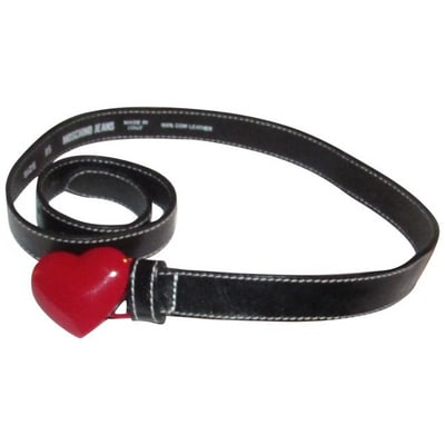Moschino NWT Black Leather Belt w Red Enamel Heart Buckle: For sale is a NWT, Moschino black leather belt with a large, polished, red enamel heart buckle and a chic modern look! This belt by Moschino is one of their iconic styles and in this color combination