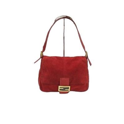 Fendi red suede Mamma Forever baguette w sparkly enamel clasp: For sale is a Fendi, Mamma style shoulder purse made of supple red suede & leather with black glittery enamel around the FF gold logo snap detail, a silky purple lining, and gold hardware! This is