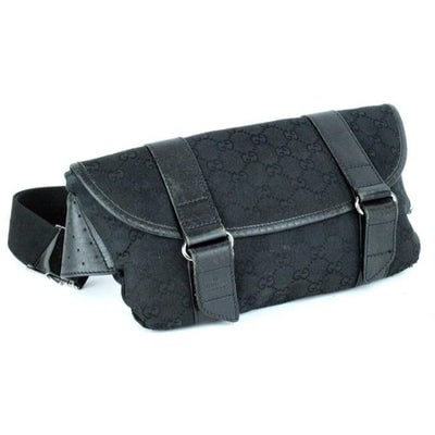 Gucci Black Large G Logo Print Canvas And Black Leather With A Heavy Canvas Belt And Chrome Accents: For sale is a Gucci, extra large, black large G logo print canvas and black leather, fanny pack/bum bag/waist wallet with one main compartment and zip pocket, chrome accents, and an adjustable black c