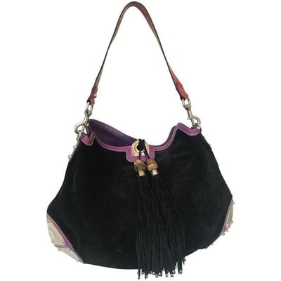 Gucci Black W Purple & Red Suede And Leather Indy Xl Hobo Bucket Bag: * For sale is a vintage, AMAZING, buttery soft, black suede, big, authentic GUCCI, Indy Top Handle Hobo with a drawstring top, purple and red patent leather accents, silver plates at the corners, a cr