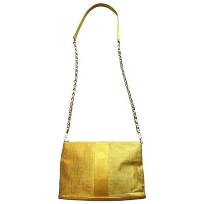 Fendi RARE Yellow Zucca Print Canvas & Leather Two-Way Shoulder Bag: For sale is a RARE, FENDI, yellow Zucca print canvas, two-way- clutch, shoulder, or cross body purse with a zip top closure, structured frame, and removable gold chain strap! This is a great looking, 