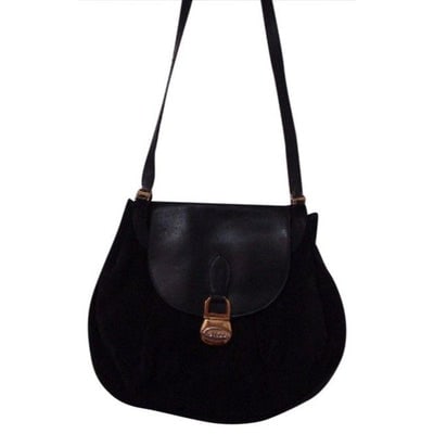 Gucci Padlock Top Handle Suede And Pouch Style Black Leather Shoulder Bag: For sale is a Gucci, RARE, bohemian/mod, black suede and leather, flap top, shoulder purse without a clasp, but a heavy, gold Gucci logo weight, leather strap, and accordion style, pleated pouch botto