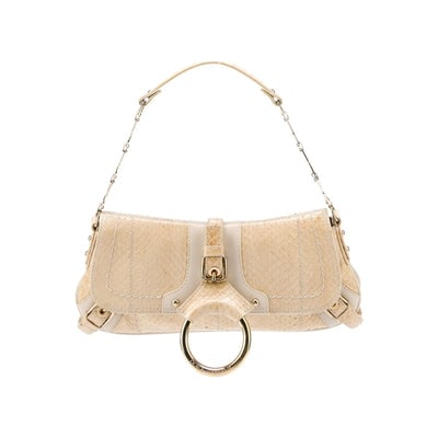 Dolce & Gabbana Python Top Handle Baguette: For sale is a Dolce & Gabbana, Python Leather, Top Handle Baguette Bag in neutral shades of beige with bold Gold-Tone Hardware, a chain-link shoulder strap with D&G links, snap closure at the 