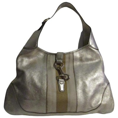 Gucci New Jackie Triangular Shaped Metallic Leather Hobo Bag W Wide Sherry Stripe: *For sale is a Tom Ford Gucci, medium size, metallic leather Jackie hobo shoulder bag in a triangular shape with a gold and white, wide center Sherry stripe, muted polished gold hardware and, a hook c