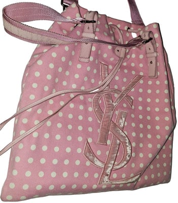YSL Rive Gauche, pink canvas & leather tote with white polka dots & chrome hardware: For sale is a YSL Rive Gauche, pink canvas & leather tote with white polka dots & chrome hardware , YSL logo in pin velvet, & drawstring top closureThe bag is made of a heavy canvas that i