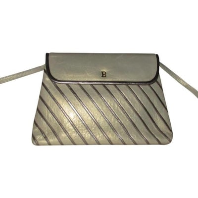 Bally Vintage Pursesdesigner Purses Greenish Gold Leather With Silver Striped Accents Shoulder Bag: *** STRAIGHT FROM PARIS!! *** For sale is an unusual, vintage, Bally, greenish gold leather, two-way clutch or shoulder bag with silver striped accents. an envelope top, removable strap, and roomy int