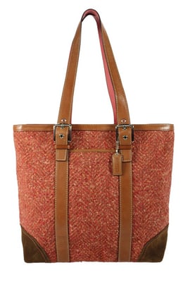 Coach Hampton Tweed Herringbone Tote: For sale is a rare, hard to find, Coach Hampton Tweed Herringbone Tote in pink & red tweed and brown leather with chrome hardware & its hang tag. Style Name: Coach Hampton Tweed Herringbo