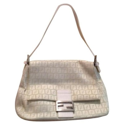 Fendi White Zucchino Print Canvas & White Leather Mamma Forever Shoulder Bag: For sale is an amazing, super RARE, Fendi, white Zucchino print canvas and leather, 'Mamma' style, shoulder purse with an envelope top, FF logo clasp, adjustable strap, and nickel hardware! This iconi