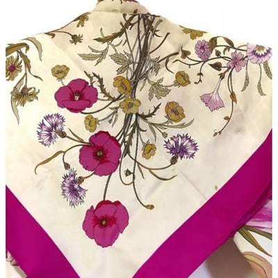 Vintage Gucci silk floral print scarf in purple, green, and yellow: For sale is a Gucci, extra large, square, 100% silk scarf in a multi-color, floral design with deep, magenta purple trim, rich purples, blues, and green flowers, rolled edges and a white background! T