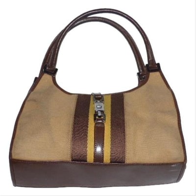 Gucci Tan Canvas and Brown Leather Jackie Bardot Style Hobo Shoulder Bag W Yellow & Brown Sherry: For sale is a Gucci, tan/khaki canvas body and brown leather with yellow and brown center stripe, two strap, 'Bardot' style, Jackie- O bag with chrome, push button closure and flip top closure! It is 