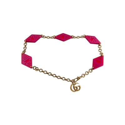 Gucci NEW Marmont gold chain & red Lucite belt: For sale is an amazing, retro, mod style, NEW, Gucci, Marmont line, gold chain & red Lucite belt with five red diamond shaped Lucite links with Gucci written in purple, a round link, antique gold fini