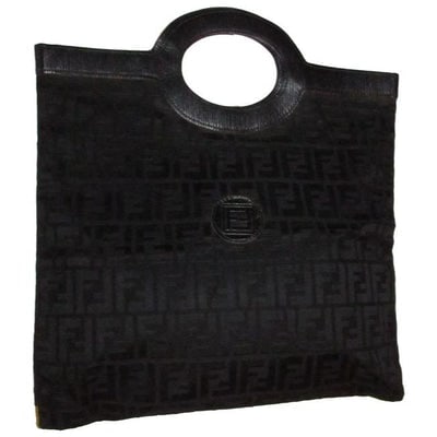 Fendi Black Zucca Print Leather & Canvas Top Handle Runaway Porthole Tote: STRAIGHT FROM SICILY!! For sale is a vintage, Fendi, RARE, black Zucca print canvas and textured black leather XL top handle, runaway or porthole style tote or fold-able clutch with two leather oval a