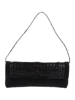 Nancy Gonzalez black crocodile leather shoulder bag: For sale is a Nancy Gonzalez black crocodile leather & velvet shoulder bag with chrome hardware & an envelope flap top. This Nancy Gonzalez Shoulder Bag is a classic and timeless choice for your acces
