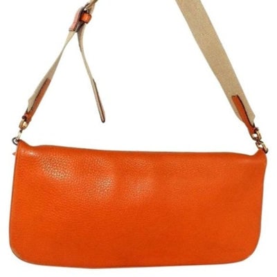 Prada Orange Leather Messenger Bag with a Canvas Strap: For sale is an unusual, Prada, orange leather, single strap, retro, large size, gorgeous, snap top closure, satchel style, hobo shoulder bag with a clear, buckled front tag! This is a popular, mod loo
