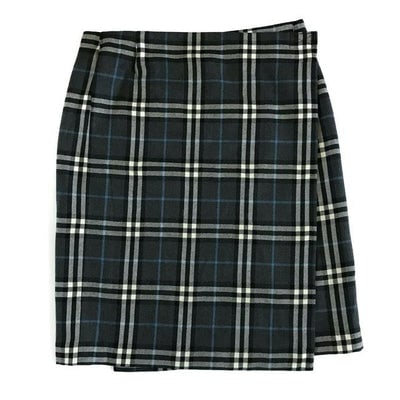 Burberry Blue Green White Plaid Skirt: For sale is a Burberry, plaid print 100% wool, wrap style, 'school girl' skirt with an A-line cut, a button front closure, and a sewn in lining! It is from the past, but can create the perfect edgy, m