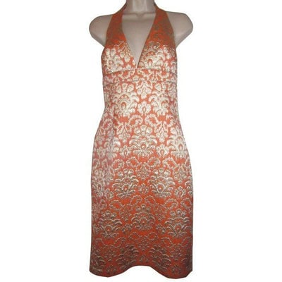 David Meister Orange Metallic Brocade Mid Length Cocktail Dress (1 of 4)
