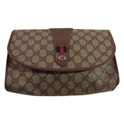 Gucci Vintage Brown Leather Large G Logo Print Coated Canvas And Red Green Stripe: For sale is a Gucci, brown leather/large G logo print coated canvas & red/green striped accent, envelope top, clutch purse with top snap closure! It is a classic style that would be a great used a