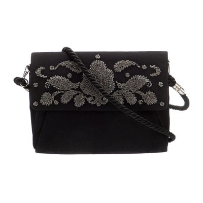 Gucci black Art Deco style beaded two- way Shoulder Bag: For sale is a vintage, Gucci, black suede two- way shoulder bag with an Art Deco style beaded design on the front & back, chrome hardware, and a detachable, single black silk corde strap. The purs