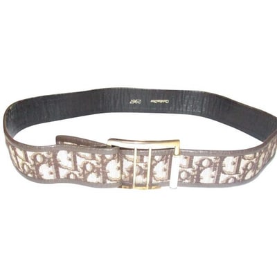 Dior Brown Trotter Print Belt w Gold CD Buckle: For sale is a Christian Dior brown trotter print canvas and brown leather belt with a large, linear, rectangular, gold CD buckle and a hook that slides into a gold bar at 33" to secure it! The belt is