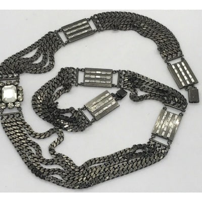 Vintage Gucci sterling silver chain belt with clear rhinestone crystals and a petite GG clasp/buckle: For sale is a vintage Gucci sterling silver chain belt with clear rhinestone crystals and a petite GG clasp/buckle, four strands of chains in each section, and a cool Art Deco/Disco style. This amazin