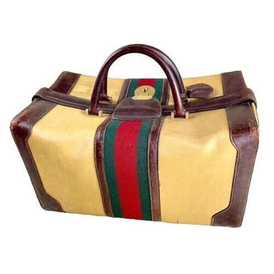 RARE, early Gucci, tan/light yellow coated canvas & brown leather, XXL doctor's satchel/Boston: *For sale is a RARE, early Gucci, tan/light yellow coated canvas and brown leather, XXL doctor's satchel/Boston bag/overnight/weekend bag, with a red & green Sherry stripe, lock and key, a hard fr