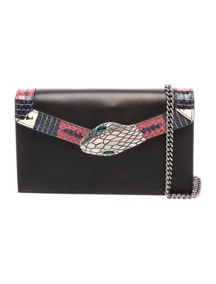 Gucci 2017 black leather Lilith Kingsnake two-way bag with green crystals: For sale is an exquisite Gucci 2017 black leather Lilith Kingsnake two-way bag with green crystals, a patchwork design of python leather, & a removable gunmetal siler chain strap.Gucci Evening Bag