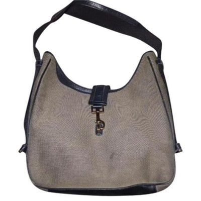 Gucci Jackie New O Logo Navy And Grey Leather Canvas Hobo Bag: For sale is a Gucci, grey and navy fabric & navy leather, rectangular, Jackie- O bag with brass, hook lock closure, leather bottom, and flip top closure! It is a the original 1960's classic mod
