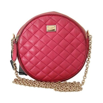 Dolce And Gabbana Round Canteen Style Purses Hot Pink Quilted Leather With A Gold Chain Strap Cross: *For sale is a chic and edgy, Dolce&Gabbana, hot pink quilted leather, round, canteen style, shoulder bag or cross body with a removable gold chain link and leather strap, gold hardware, floral li