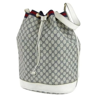 Gucci Blue Guccissima Print on White Leather Drawstring Top Bucket Bag W Red And Navy Stripe (1 of 4)
